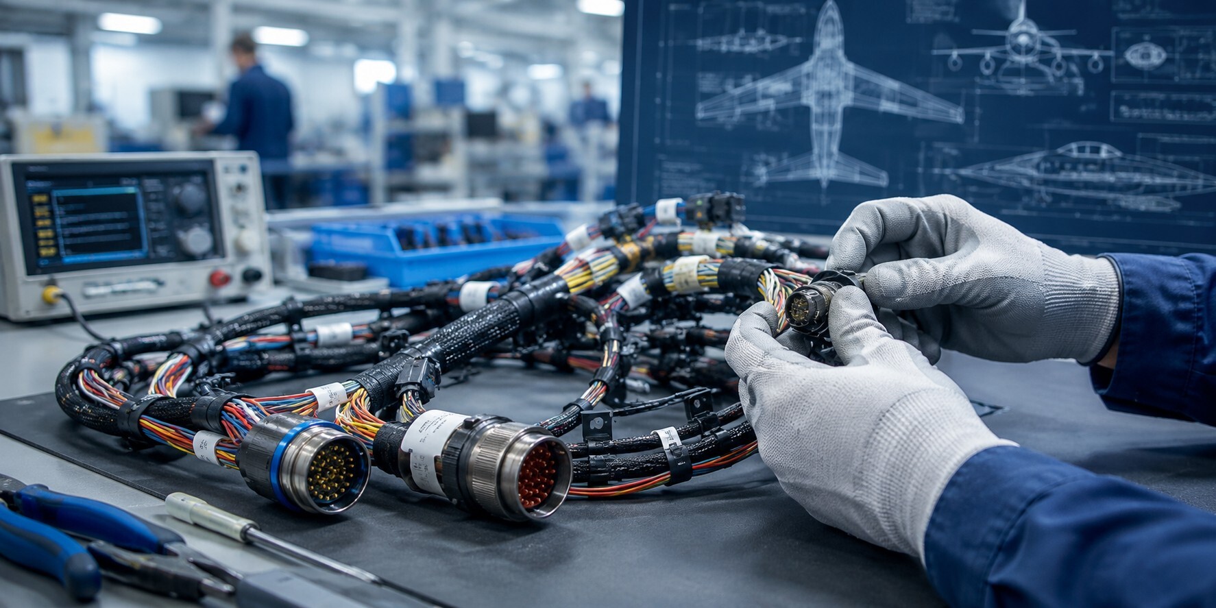 Technician assembling an aerospace wire harness assembly in a precision manufacturing environment.