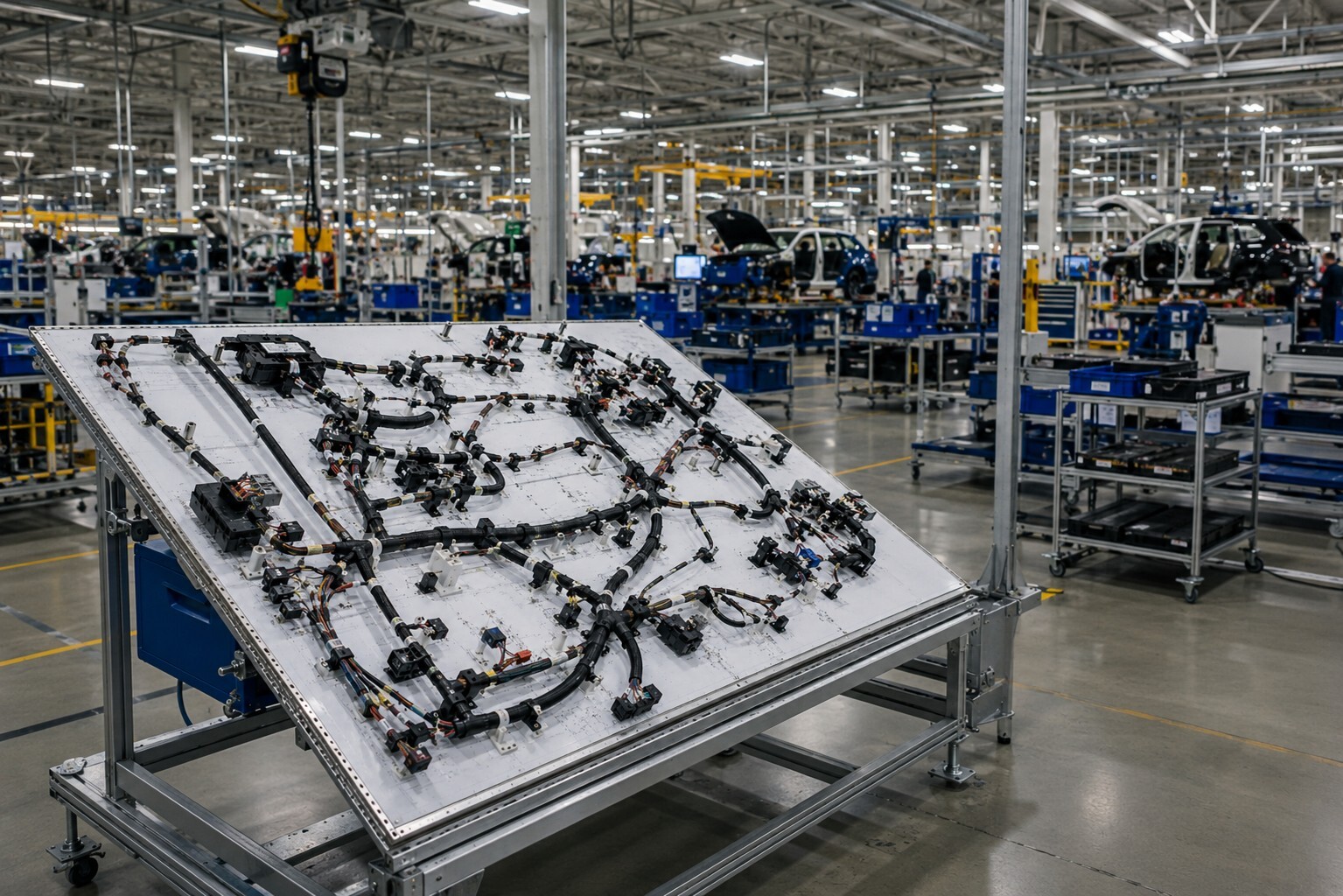 Automotive wire harness assembly on a clean manufacturing fixture