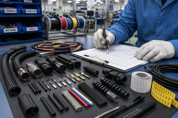 Cable assembly materials reviewed at a clean manufacturing workstation