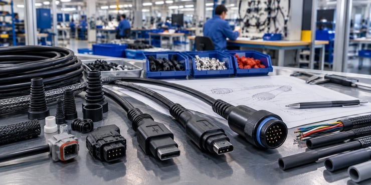 Cable overmolding and strain relief components for reliable custom cable assembly manufacturing
