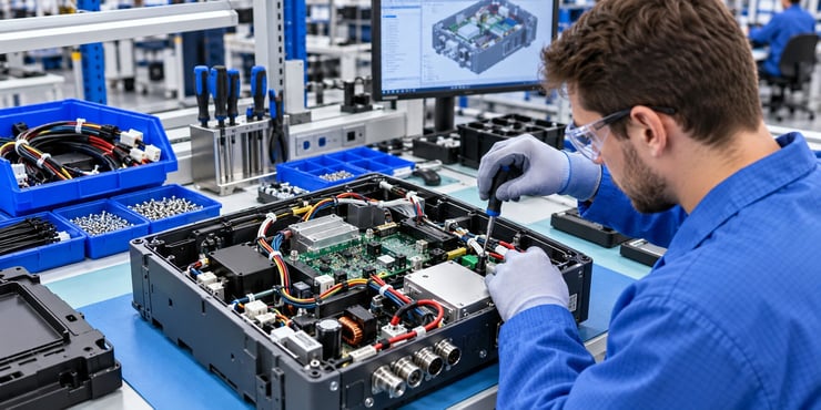Angled close-up of a technician assembling an electromechanical device at a production workstation, showing internal PCBAs, wiring, connectors, power components, and multiple integrated assemblies inside the enclosure.