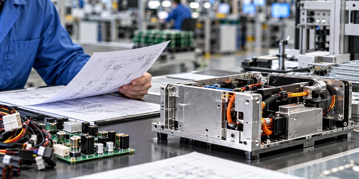Manufacturing engineer reviewing technical drawings and an electromechanical assembly with PCBAs and wire harnesses during an OEM production transfer evaluation.