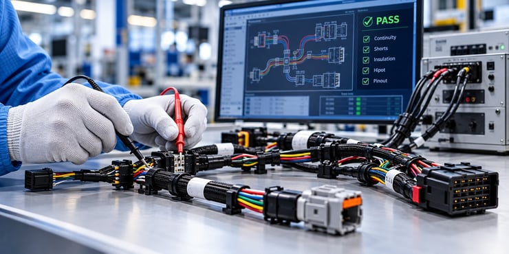 Technician conducting electrical testing on a custom wire harness assembly using specialized test equipment to verify connection quality and reliability.
