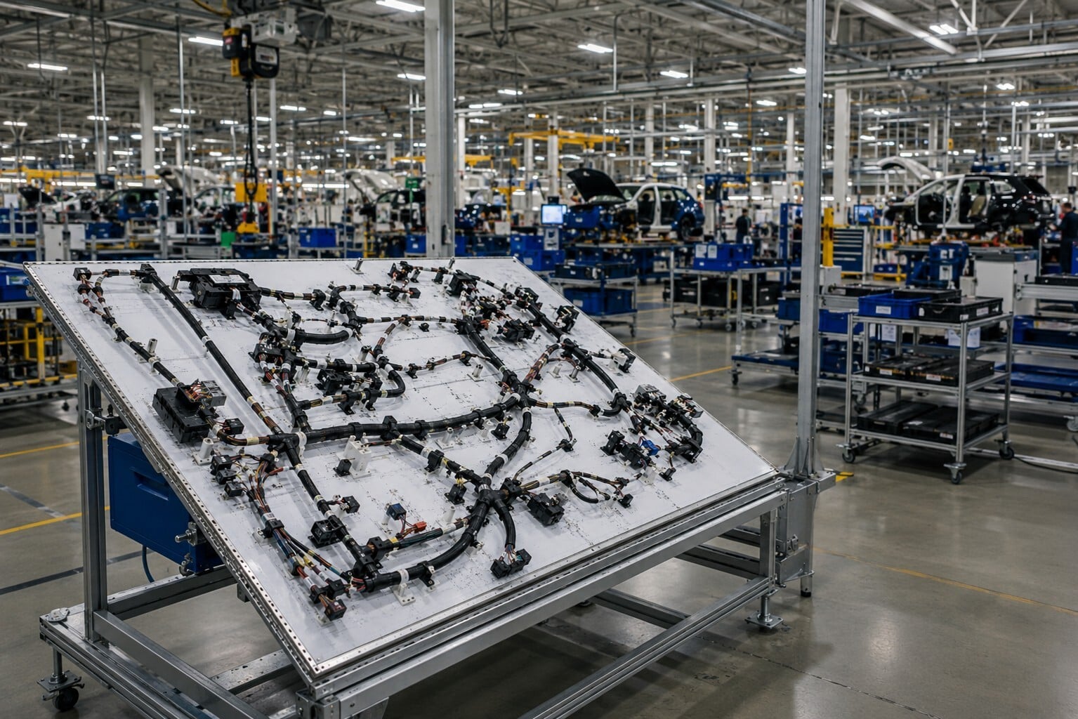 Automotive wire harness assembly on a clean manufacturing fixture