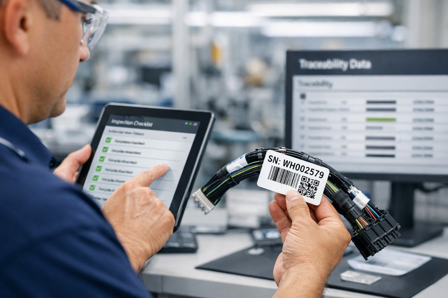 Technician verifying manufacturing traceability and documentation for a wire harness assembly using a digital inspection system