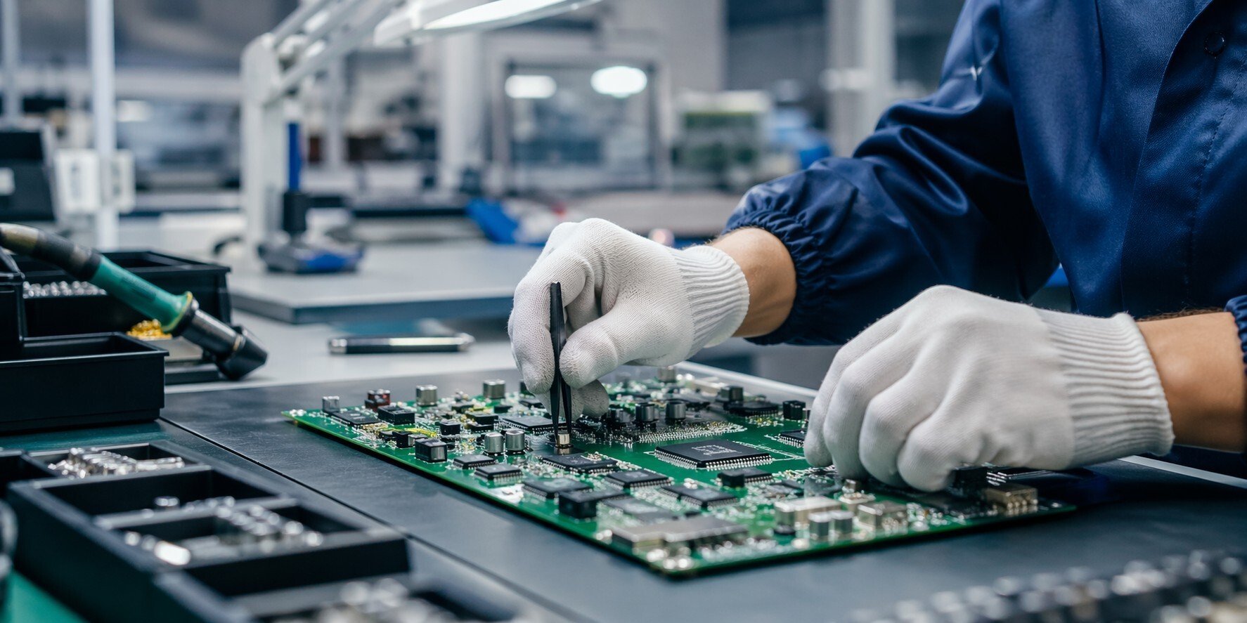 Close-up of a technician’s gloved hands assembling a printed circuit board at an electronics manufacturing workstation