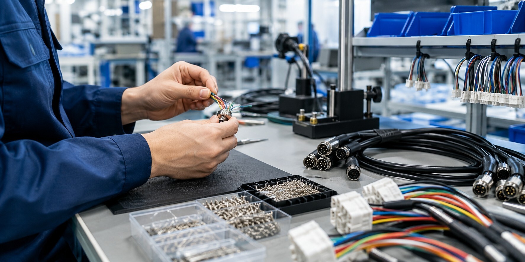 Technician assembling custom cable assemblies with connectors at a clean manufacturing workstation