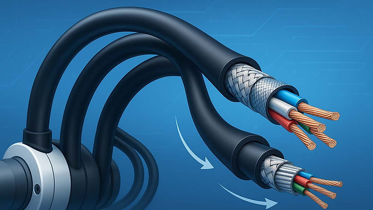 Technical illustration of flexible robotic cables showing EMI shielding, braided copper layers, and multi-conductor wiring designed for high-flex robotic cable assemblies in automated manufacturing systems.