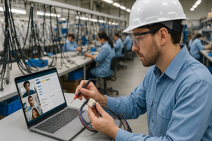 Engineer collaborating with overseas team via digital project management tools with factory floor in background