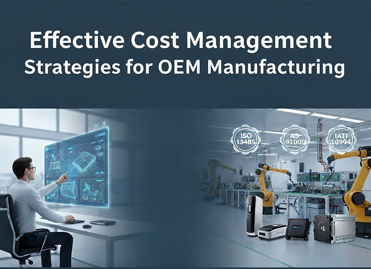 A wide, illustrative image showcasing elements of Sanbor Manufacturing's cost management strategies. On the left, a man works at a desk interacting with a holographic interface displaying product design schematics, representing Design Engineering. On the right, robotic arms are assembling electronic components, with various industrial products and circuit boards in the foreground, labeled "Product Box Builds." Quality certifications like ISO 13485, AS 9100D, and IATF 16949 are represented by icons above the manufacturing scene. The overall theme is effective cost management in OEM manufacturing.