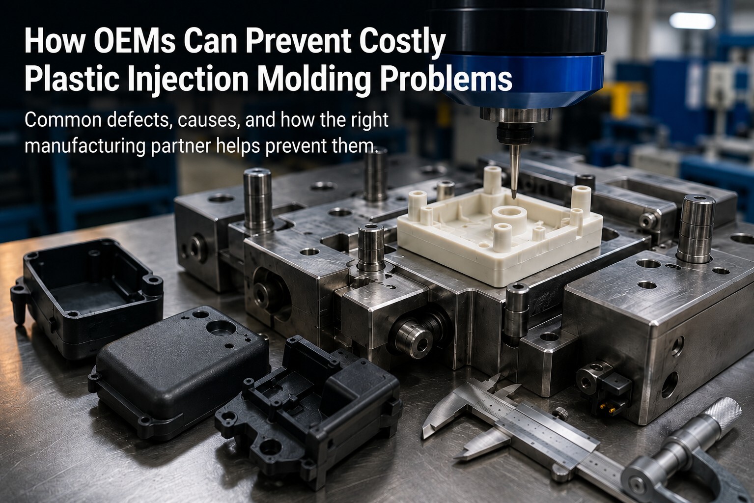 Injection molded plastic components being inspected for quality and dimensional accuracy