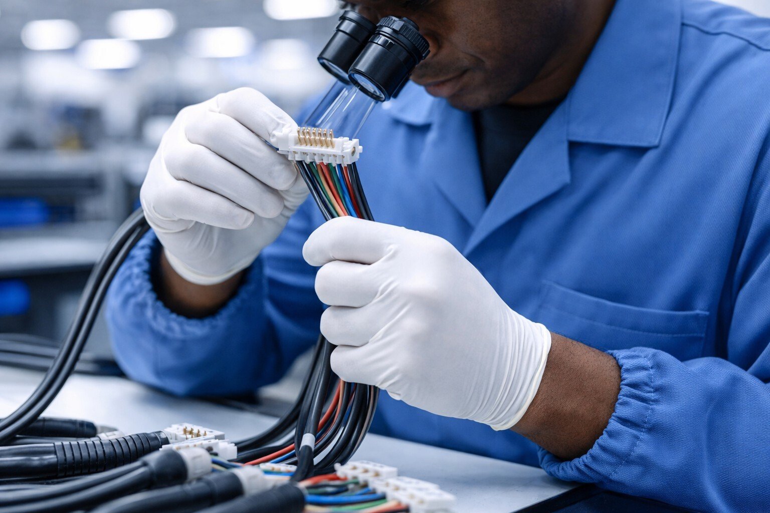 Manufacturing engineer inspecting a cable assembly for OEM contract manufacturing.