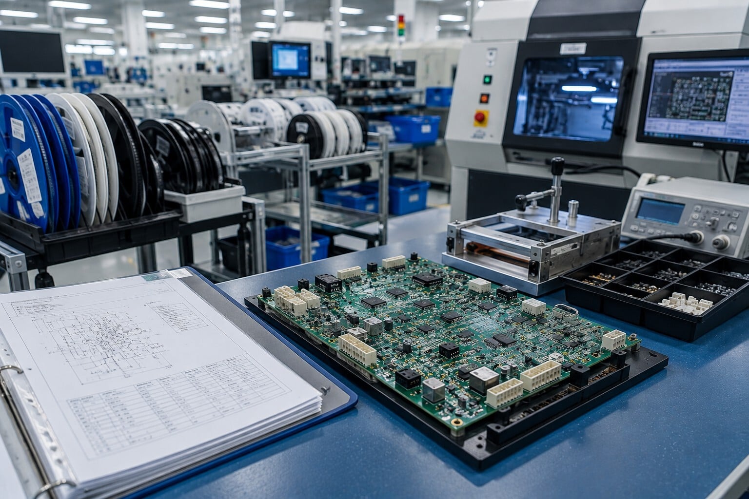 PCBA contract manufacturing production area showing circuit board assembly, component sourcing, and quality testing setup