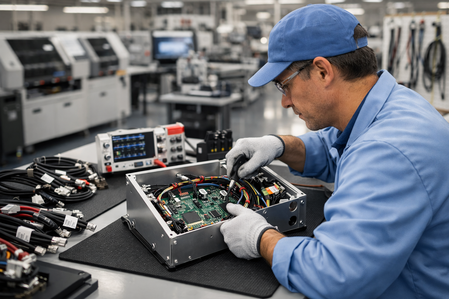 Electronics manufacturing technician assembling PCB with wire harness and cable assemblies