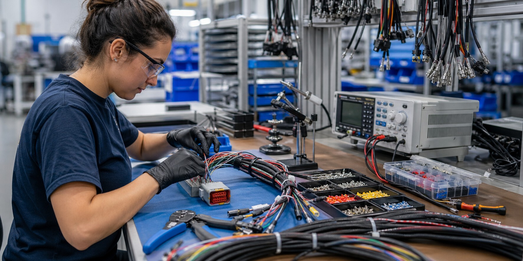 Technician assembling custom cable assemblies at a manufacturing workstation