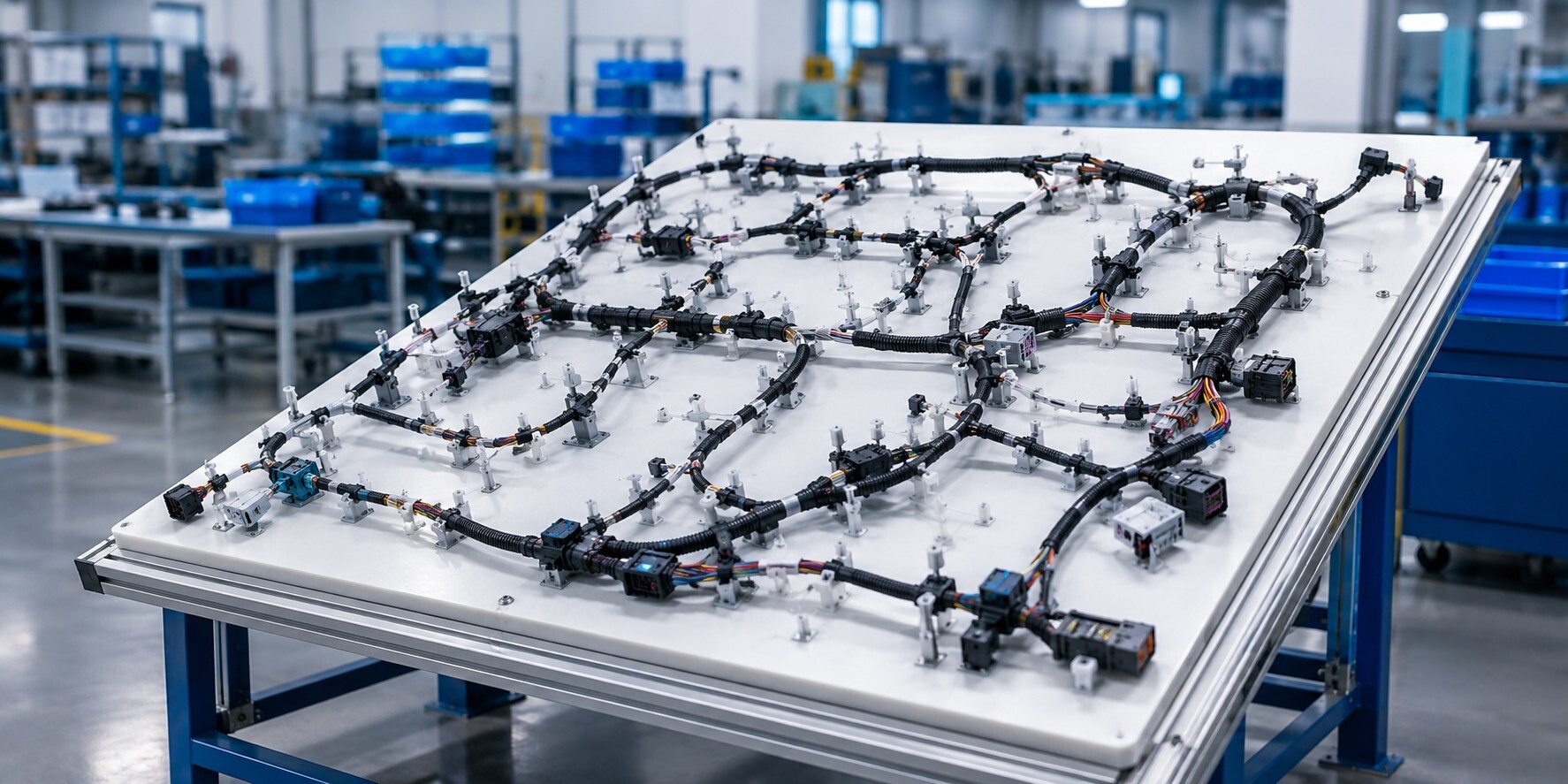 Custom industrial wire harness assembly at a clean manufacturing workstation