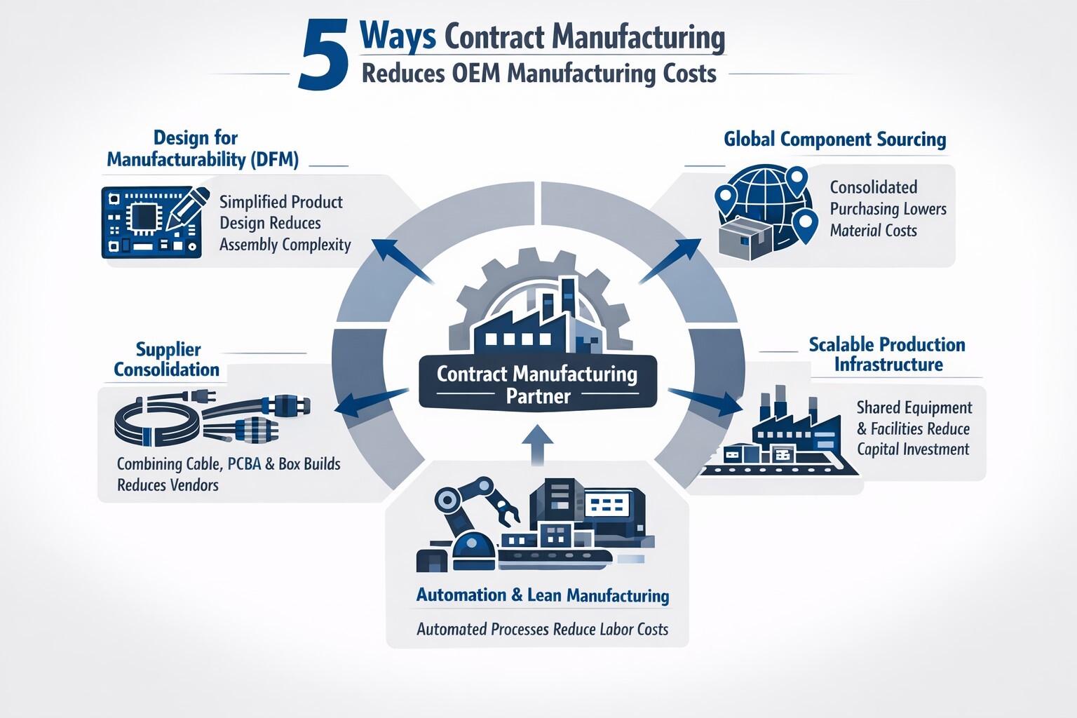 Infographic showing five ways contract manufacturing reduces OEM manufacturing costs including design optimization, automation, sourcing, supplier consolidation, and scalable production.