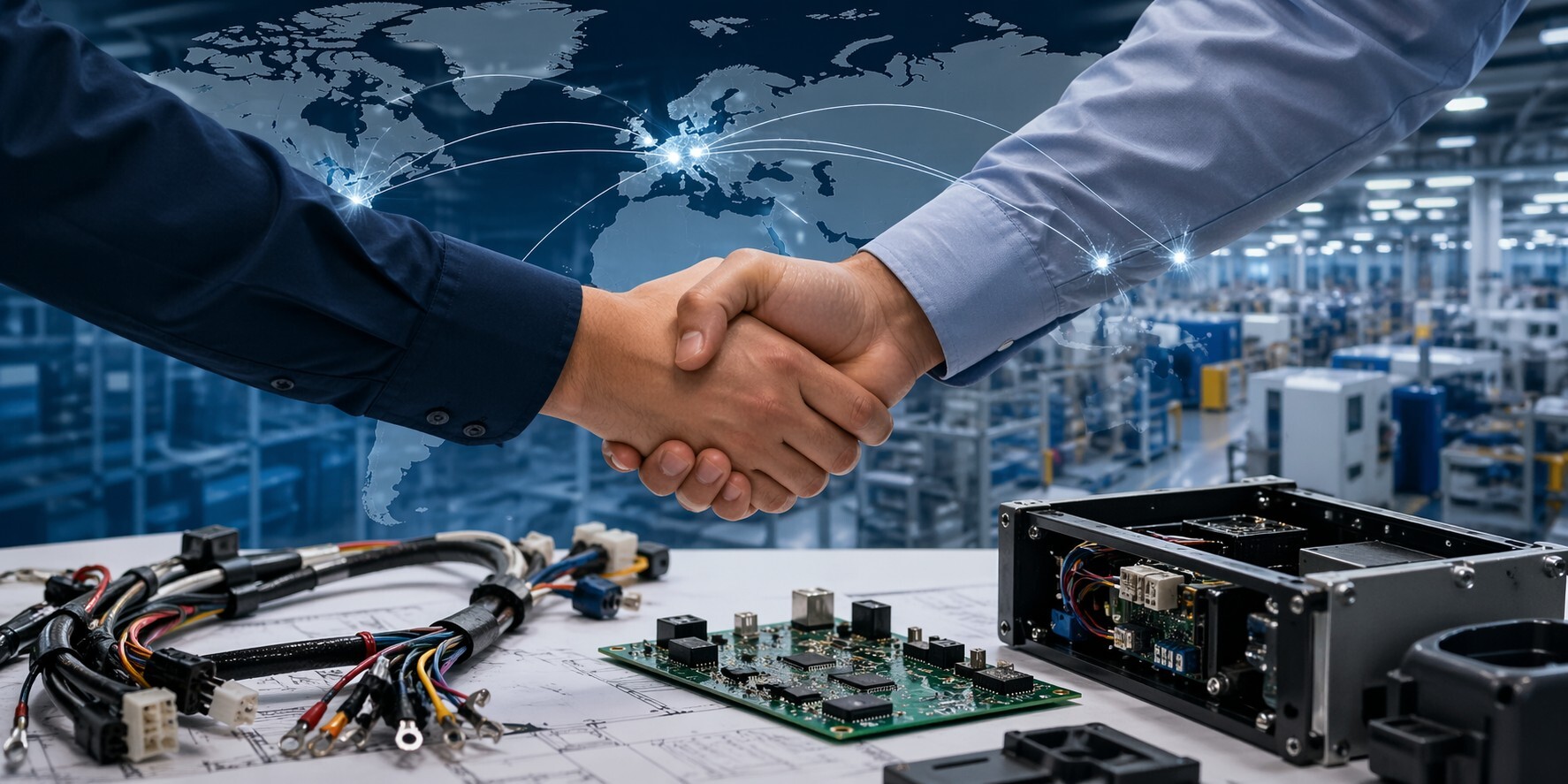 OEM contract manufacturing partnership concept showing a handshake over cable assemblies, PCB assembly, and box build components in a modern global manufacturing environment