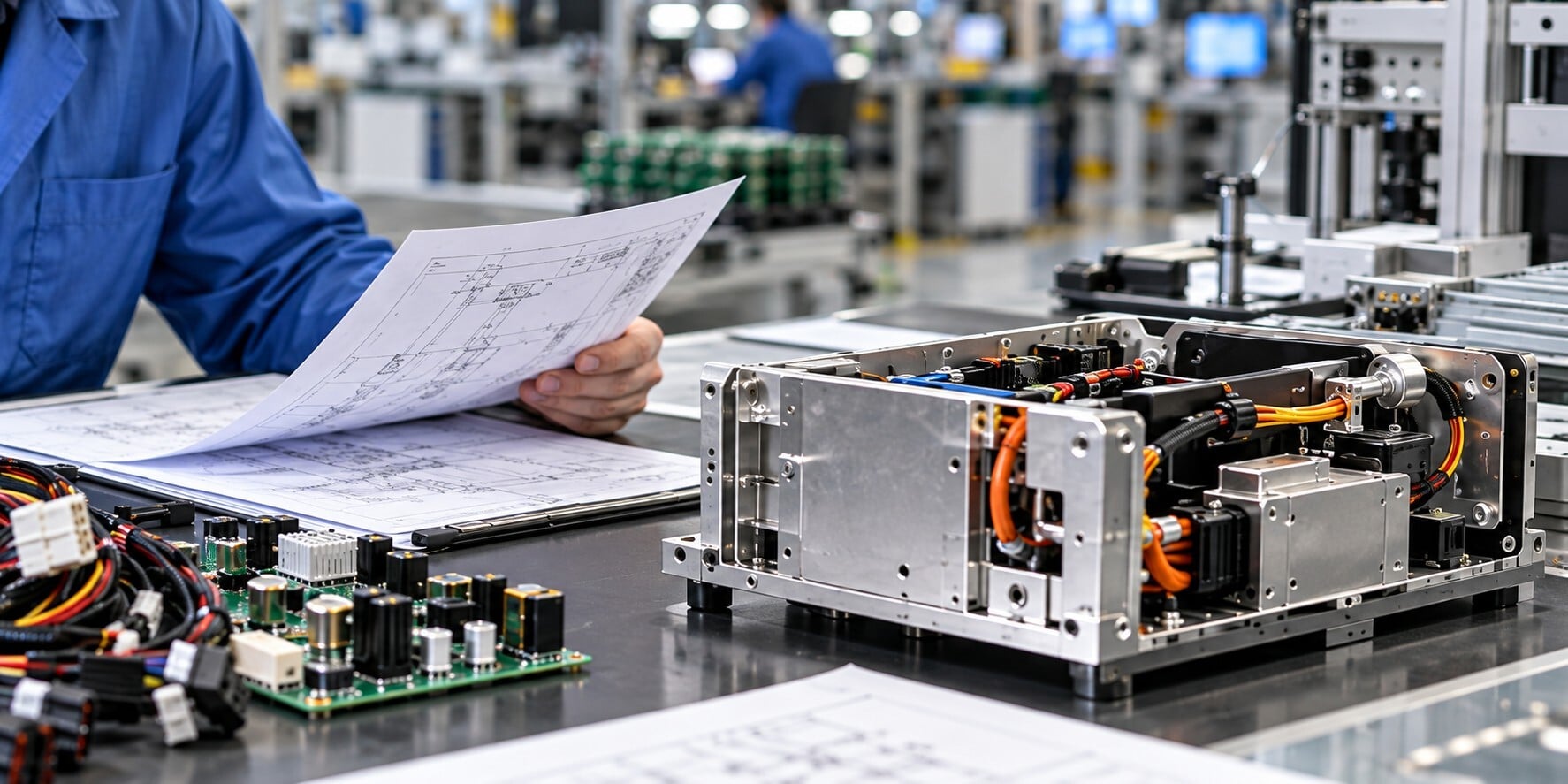 Manufacturing engineer reviewing technical drawings and an electromechanical assembly with PCBAs and wire harnesses during an OEM production transfer evaluation.
